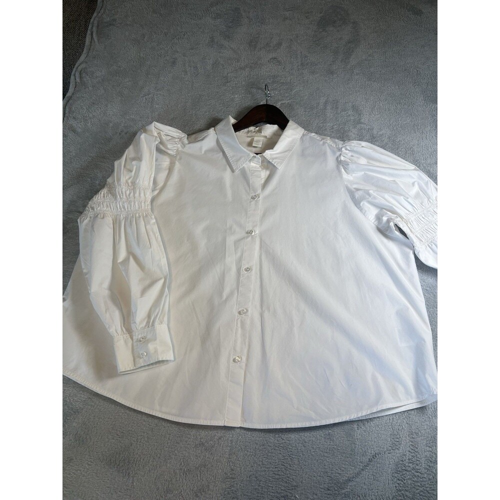 H&M White Cotton Button 2XL Shirt Smocked/Ruched Sleeves Classic CleanFreshgirl